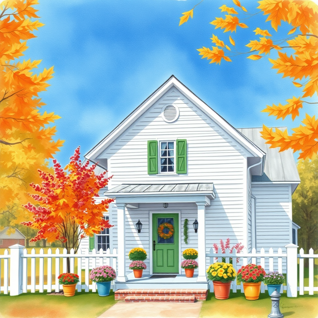 a white farmhouse with green shutters, vintage feel, blue sky, trees in autumn color, leaves slightly blowing in the breeze, colorful autumn flowers in pots on the front porch of the farmhouse, watercolor