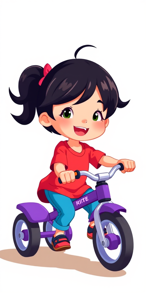 Create a vibrant illustration of a young girl with black hair riding a purple tricycle, wearing a red shirt and blue pants, with a playful expression, using digital art style with high resolution, soft lighting, and vibrant colors for better image quality.