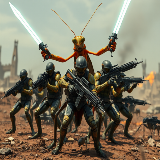 A squad of insect commandos, led by a towering mantis wielding dual energy katanas, is posed in a battle-ready stance. The mantis's sharp claws and the glowing swords create a dynamic contrast against the swarm of heavily armored beetles and ants behind it, armed with a mix of traditional human firearms like assault rifles and futuristic laser cannons. They stand in a desolate, war-torn landscape with crumbling structures in the distance, preparing for a final assault. The scene evokes a feeling of intense preparation, like something from a gritty, dystopian sci-fi war movie.