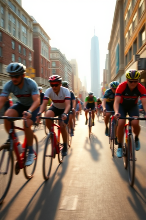 Blurry, candid shot of a group of cyclists racing through a city street, their forms captured in motion, distant buildings casting long shadows, and the rush of wind and energy filling the air.