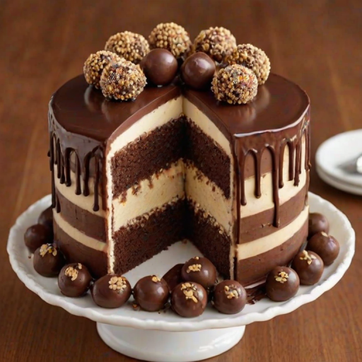 Create an image of a layered cake with alternating layers of vanilla and chocolate frosting. The cake should have a rich chocolate ganache on top, decorated with small round cake pops and sprinkled with crushed nuts. The texture of the cake should be fluffy, showcasing the different layers and fillings.