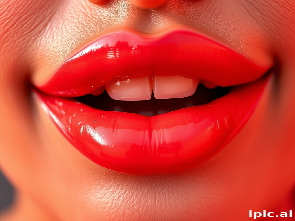 Vibrant coral sunset lips shine with glossy brilliance, accentuating plump contours and subtle ombre effect, exuding warmth and allure in high-resolution detail