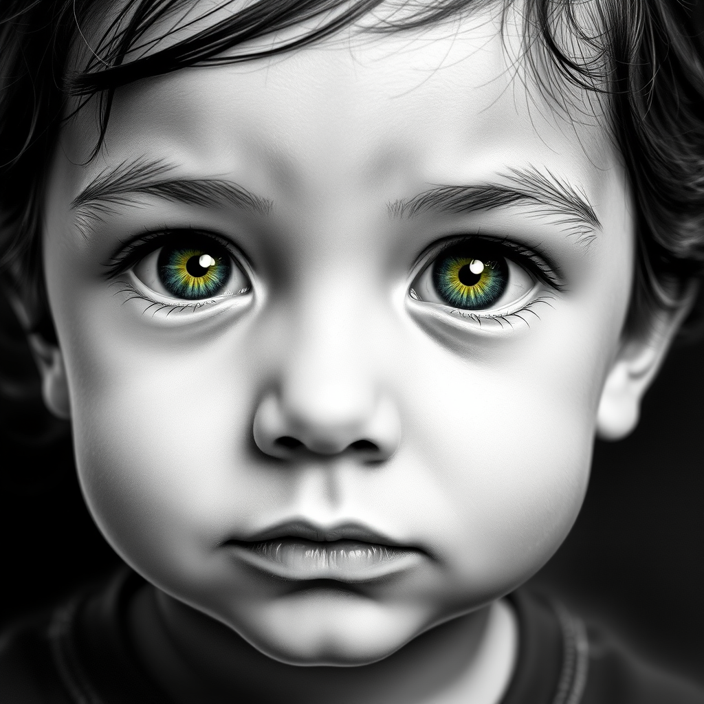 A hyperdetailed photorealistic black and white sketch of a beautiful toddler with deep green eyes, with a macro focus