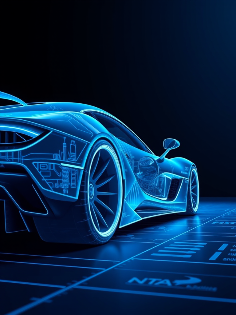 Create a high-quality blueprint image of a futuristic sports car viewed from the side, with a dark background and intricate technical details, using a DSLR camera with a 50mm lens, aperture f/2.8, shutter speed 1/125s, ISO 100, and in a high-resolution style.