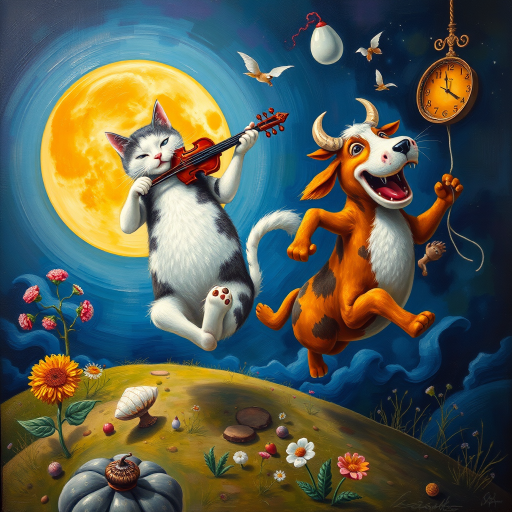 A whimsical hyper vibrant, hyper realistic and hyper detailed image of a cat and a fiddle, a cow jumping over a moon , a laughing dog, and a dish running away with a spoon, oil painting and airbrush