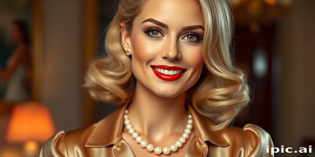 A beautiful woman reminiscent of 1950s Hollywood glamour, with perfectly styled blonde hair and a seductive smile, dressed in a satin blouse and adorned with pearls, soft and warm tones, photorealistic, 8K