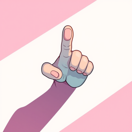 Create a high-resolution illustration of a cartoon hand pointing downwards with strong shadows and highlights, using a soft color palette, captured in a digital art style with vibrant saturation, at 300 DPI resolution, using a top-down perspective, and simulated lighting similar to natural daylight.
