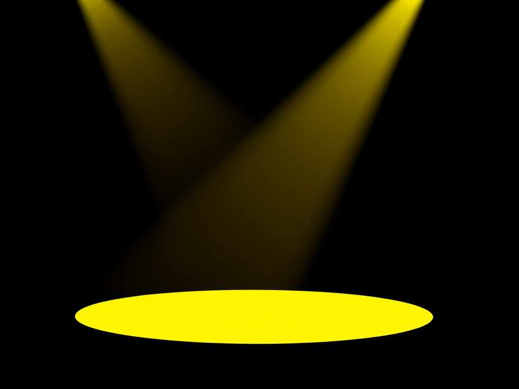 Create a high-resolution digital illustration of a spotlight casting bright yellow light on a dark background, using a DSLR camera with a 50mm lens, f/1.8 aperture, ISO 100, and a shallow depth of field for a soft focus effect.