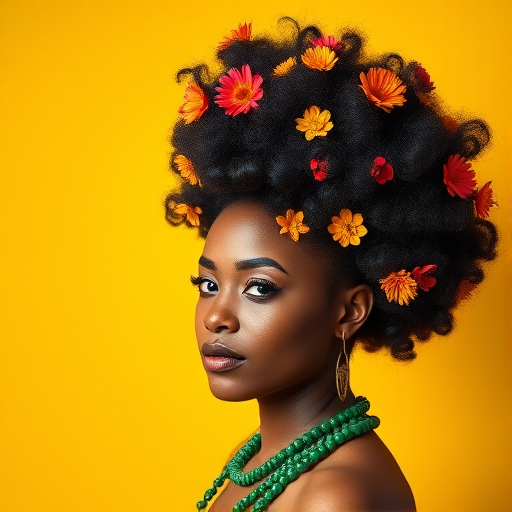 Create a vibrant portrait of a woman with an elaborate afro hairstyle adorned with flowers and beads against a bright yellow background, captured with a Canon EOS R5, 85mm lens, aperture f/1.8, ISO 100, soft lighting, shallow depth of field.