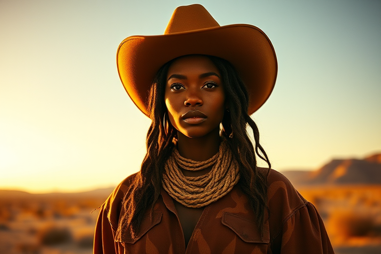 Dramatic photo of a beautiful Afro-Caribbean woman, classic cowboy attire, confident and free spirit expression, half-length portrait, centered, golden hour desert landscape, warm, diffused light, low angle, medium format film camera, in style of Annie Leibovitz.