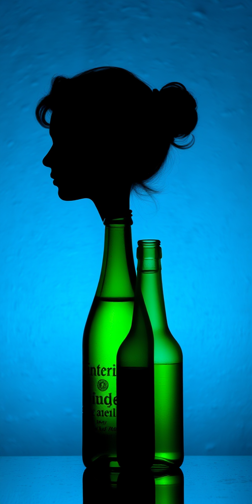 Create an artistic representation of a silhouette profile against a textured blue background, featuring two green glass bottles in a dynamic composition; use a Canon EOS R5, 50mm f/1.2 lens, aperture f/2.8, shutter speed 1/125, ISO 100, with soft diffused lighting for depth and vibrancy.