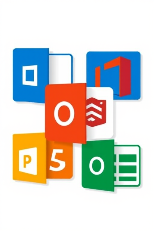 create a colorful digital illustration representing different Microsoft Office applications with a modern flat design style, using a Canon EOS R5 camera with a 35mm lens, aperture set to f/8 for sharp focus, ISO 100 for high image quality, shot from a straight-on view to emphasize symmetry and vibrant colors