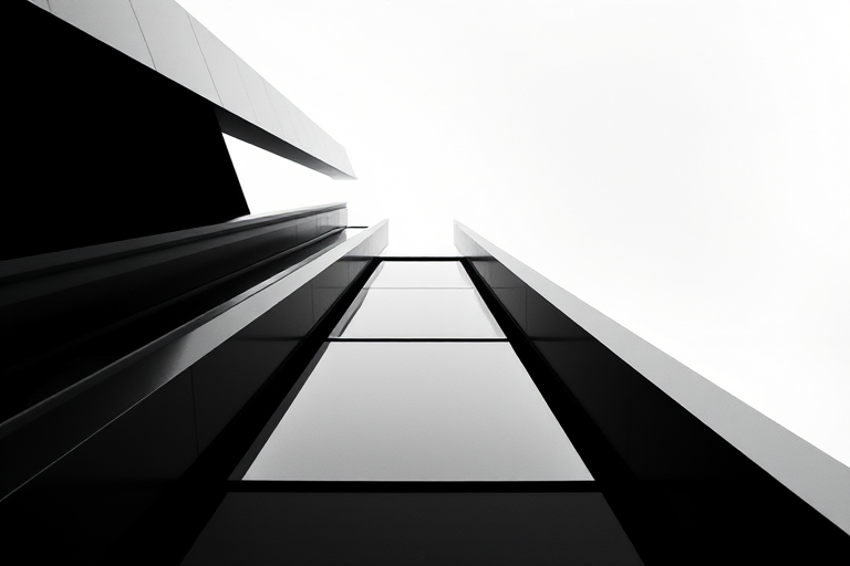 Create a high-contrast black and white geometric design with sharp lines and angles, using a Canon EOS R5 with a 50mm f/1.2 lens, aperture set at f/8, ISO 100, and a shutter speed of 1/250s, captured from a low angle for dramatic perspective.