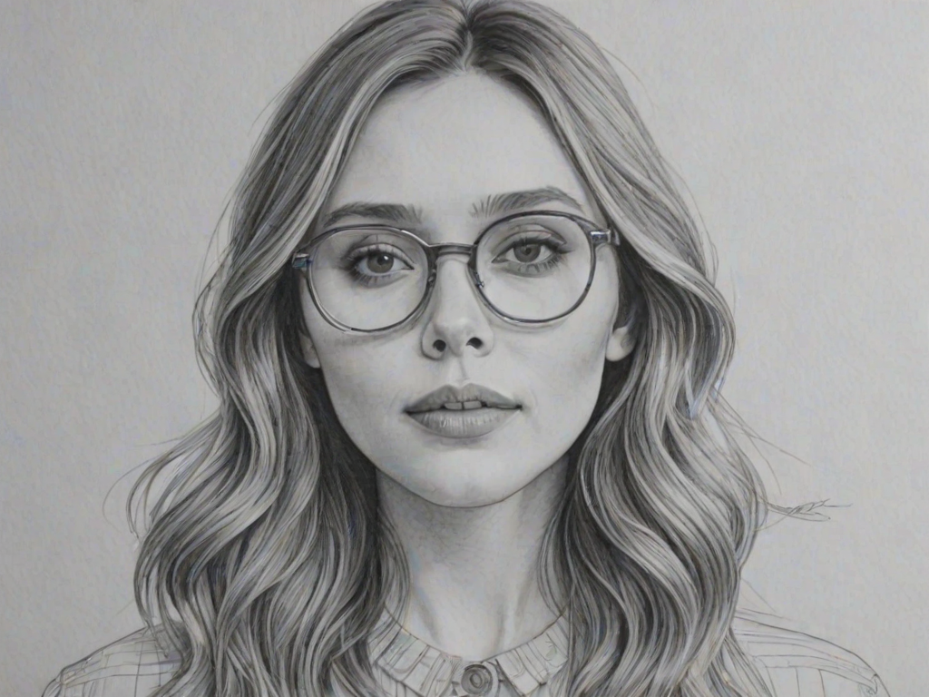 Attractive Elizabeth Olsen, pencil sketch, portrait of Exquisite woman 1966s in glasses, hair style beatnik, outline, clear lines, fine lines, 8k