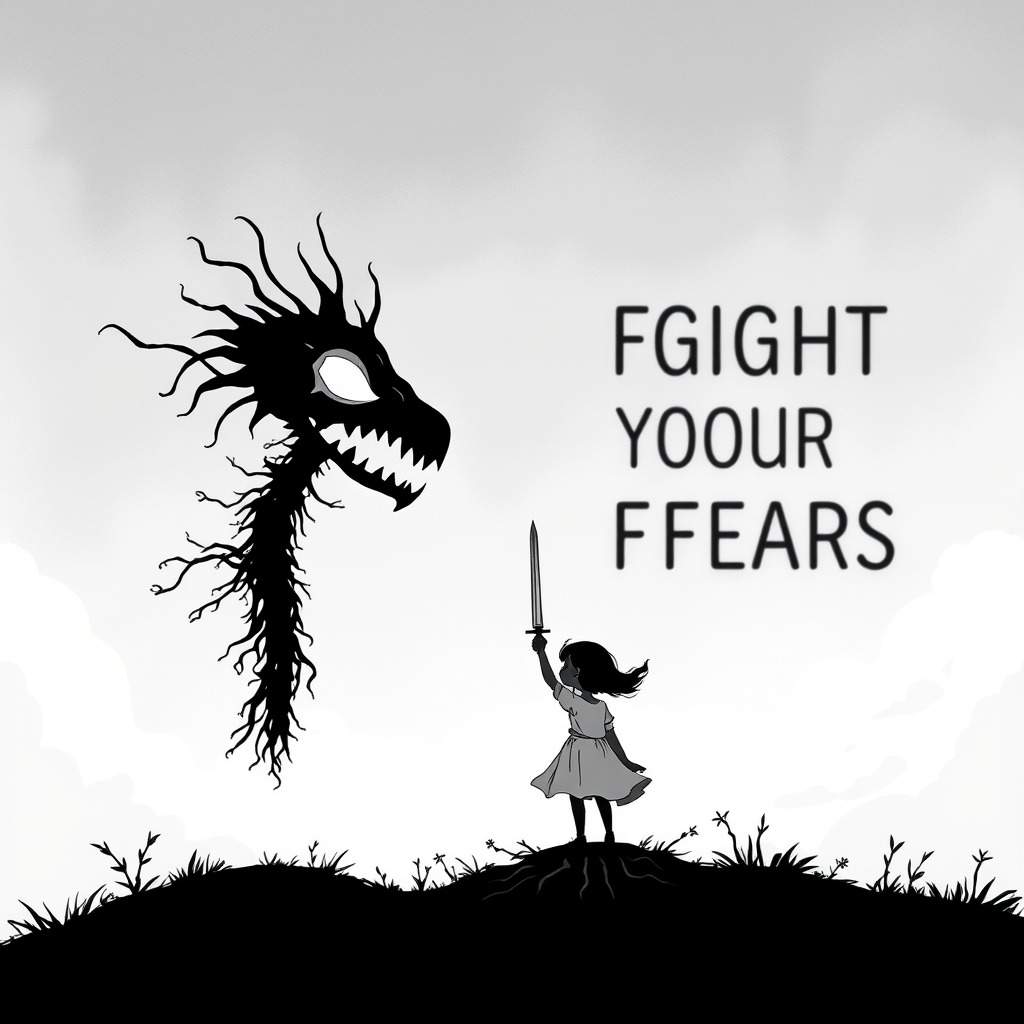 Fight your fears illustration of black and white minimalist of a little girl standing on a hill, raising a sword in hand, she is facing a large menacing creature with large head, sharp teeth and sharp claws, its body is made of vines and roots. The background is a cloudy sky with a hint of smoke or fog. The overall mood of the image is dark and eerie.