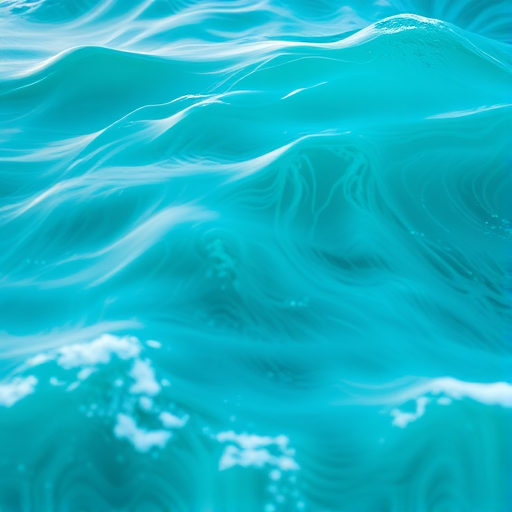 Create an ethereal abstract image of flowing turquoise waves with intricate patterns and textures, captured with a Canon EOS R5, 24mm lens, aperture f/2.8, shutter speed 1/60s, ISO 100, using a long exposure technique and soft focus for a dreamy effect.