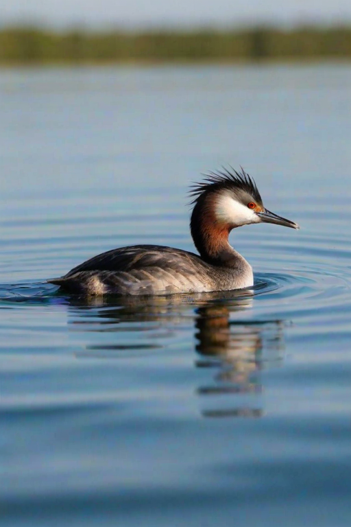 a grebe swimming on a calm lake with rippling water and a clear blue sky in the background