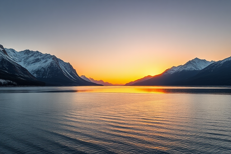landscape photograph of a tranquil lake surrounded by majestic snow-capped mountains at sunset with soft reflections on the water, shot with a Canon EOS R5, 24mm lens, f/11 aperture, ISO 100, 1/125 sec shutter speed, using a wide-angle view to capture the expansive scene in vibrant colors and enhanced clarity