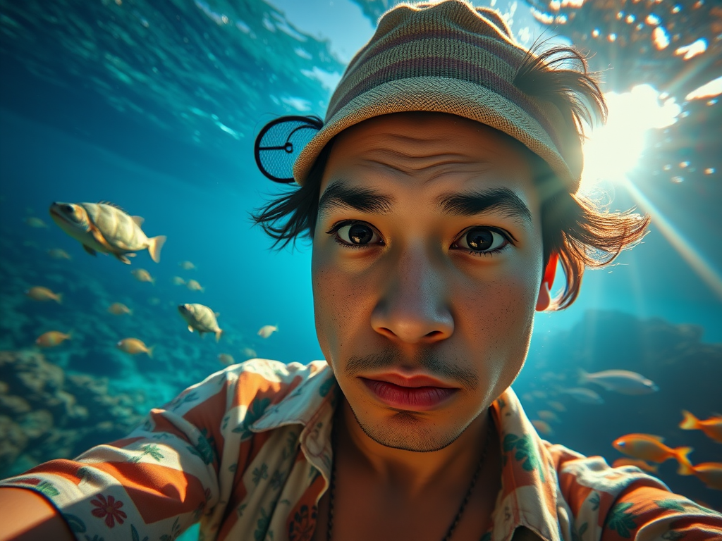 Realistic selfie image of a Samoan, wearing a vintage outfit, detailed dreamy eyes, droopy hooded eyes, staring at the camera, taken underwater at coral reef with a sunbeam filtering through the water, vibrant, summer vacation, natural lighting, turtle and school of tropical fish with vibrant colors, rendered in the style of CryEngine, Pegi Nicol MacLeod, with realistic genre scenes, hauntingly beautiful narratives, ultra-realism, and Thomas Saliot's close-up technique, 8K resolution, crystal clear and sparkling water.