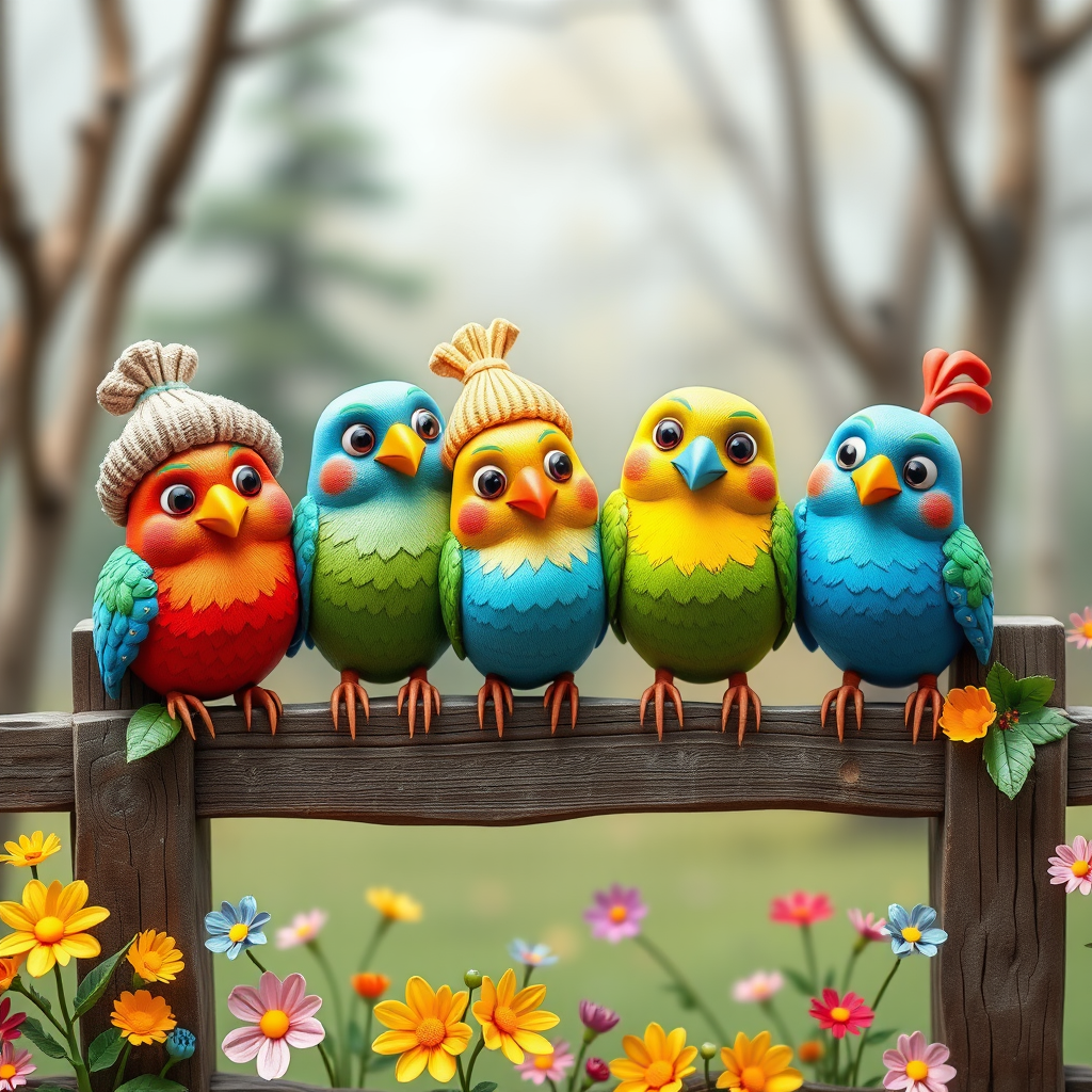 create a scene of 4 quirky  whimsical colourful comical birds each with a funny expression. they are sat on a wooden fence with colourful flowers. they are all different sizes. each one is a different colour  one is wearing a woolly hat. Each one has a different quirky google expression and there is a muted background of trees watercolour paintierly style high definition 8k resolution 3D paper mache