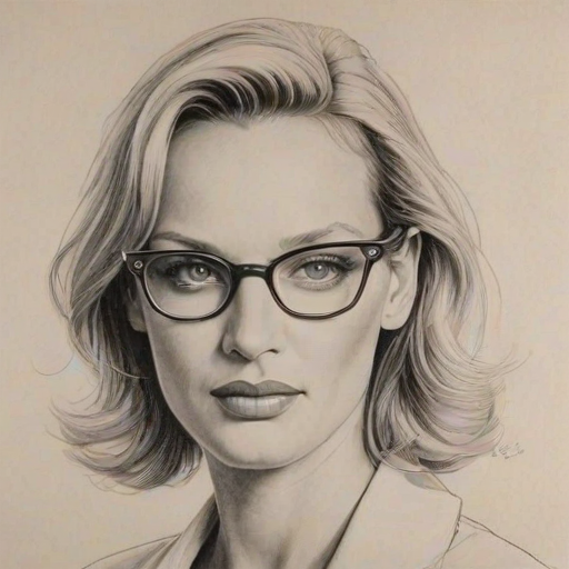 Captivating Uma Thurman, pencil sketch, portrait of Exquisite woman 1956s in glasses, hair style beatnik, outline, clear lines, fine lines, 8k