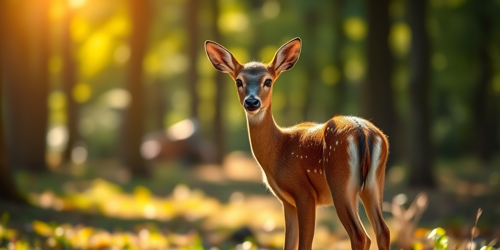 A young deer standing in a sunlit forest, soft bokeh background, focused on the deer with a shallow depth of field, Canon EOS R5, 85mm f/1.2 lens, ISO 100, aperture f/1.8, shutter speed 1/500s, natural light photography.