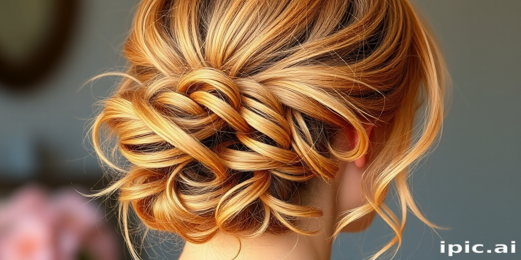Romantic hair style featuring soft strawberry blonde curls arranged in a low messy bun with wispy face-framing tendrils