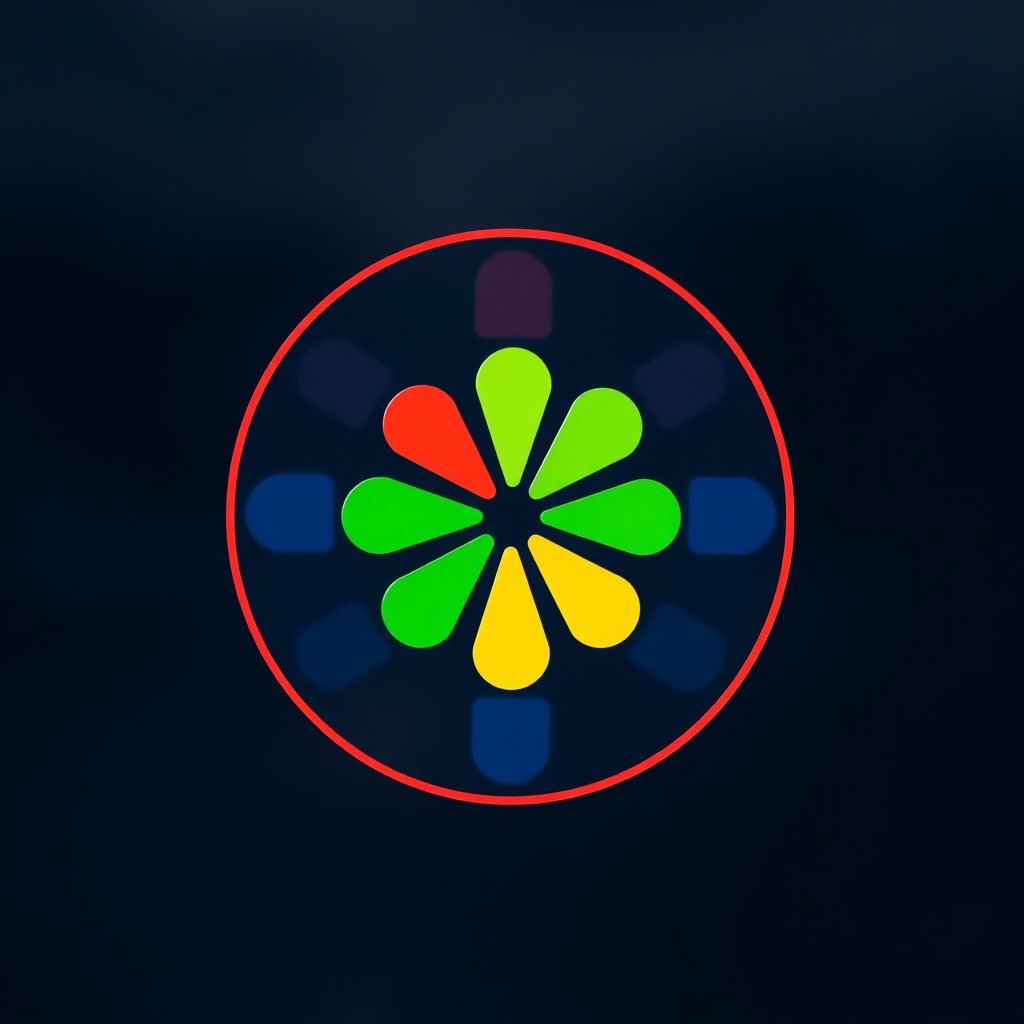 Create a high-resolution image of a colorful circular logo featuring red, green, yellow, and blue segments, using a DSLR camera with a 50mm lens, aperture set to f/1.8, ISO 100, shot from a straight-on view with soft natural lighting.