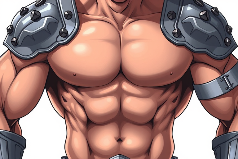 Create a high-resolution illustration of a muscular torso with defined abs and shoulders, featuring metallic armor details and studded embellishments, using a DSLR camera with a 50mm lens, f/2.8 aperture, ISO 100, and a shallow depth of field for enhanced focus and clarity.