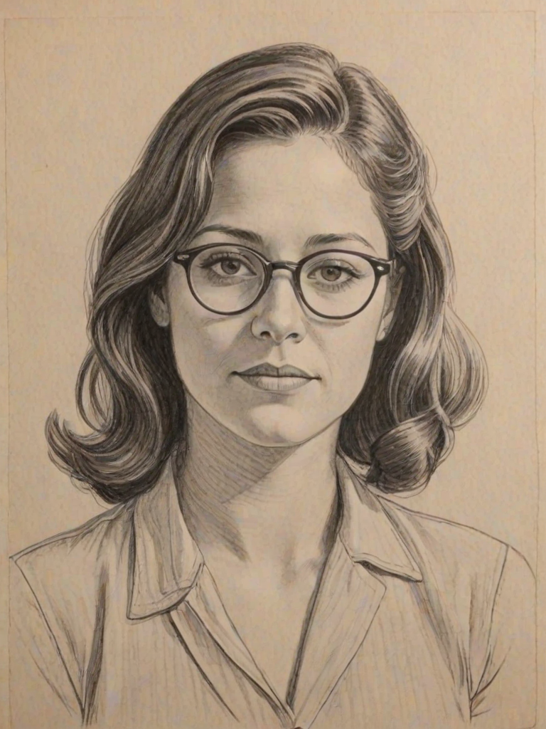 Attractive Kimberly McCullough, pencil sketch, portrait of Radiant woman 1946s in glasses, hair style beatnik, outline, clear lines, fine lines, 8k