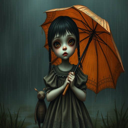 An eerie, weird little girl with dark hair in thin pigtails, wearing a smock dress, standing in the rain, holding a dirty orange umbrella, a small, odd creature beside her. In a surreal style inspired by Nicoletta Ceccoli and Brian Froud. Dark fantasy themes