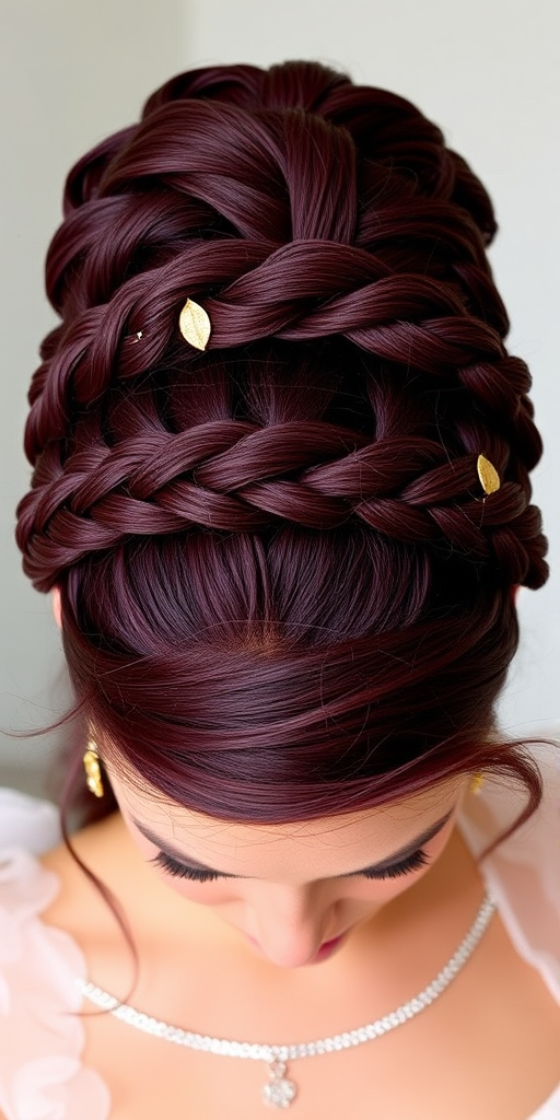 Deep burgundy crown braid updo, intricately woven by "Regal Roots" stylists, featuring a thick, rope-like braid encircling the head like a crown, adorned with delicate gold leaf accents and wispy tendrils framing the face, exuding an air of elegance and regality.