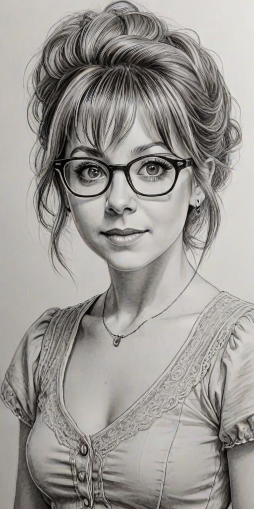 Lovely Lindsey Stirling, pencil sketch, portrait of Fascinating woman 1946s in glasses, hair style beatnik, outline, clear lines, fine lines, 8k