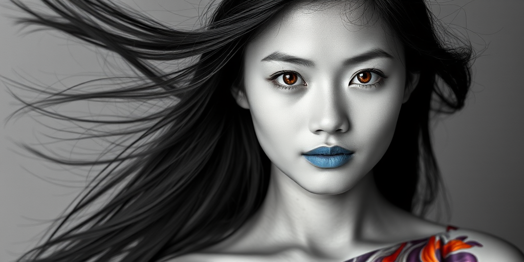 Photographic image of a beautiful young Hmong woman, orange eyes, lips with cyan lipstick, long hair fluttering in the wind and wearing a silk strapless dress with a soft purple and orange print. monochrome image with only color highlights in the iris of the eyes, lipstick and dress. Gray background.