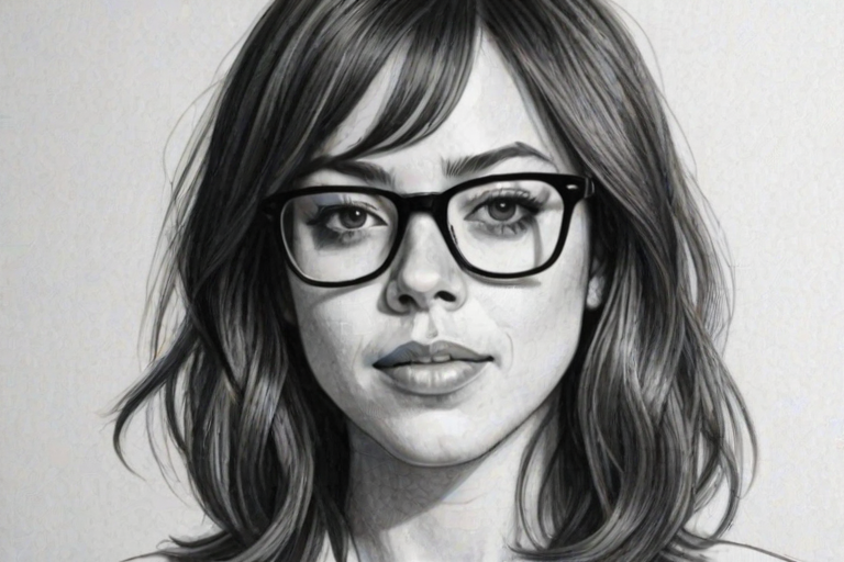 Pleasing Aubrey Plaza, pencil sketch, portrait of Graceful woman 1977s in glasses, hair style beatnik, outline, clear lines, fine lines, 8k