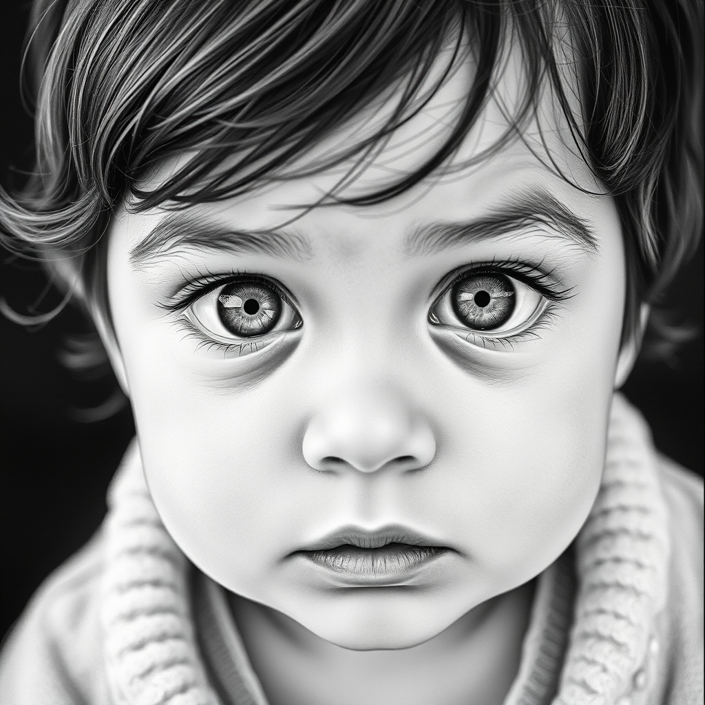 A hyperdetailed photorealistic black and white sketch of a beautiful toddler with deep white eyes, with a macro focus