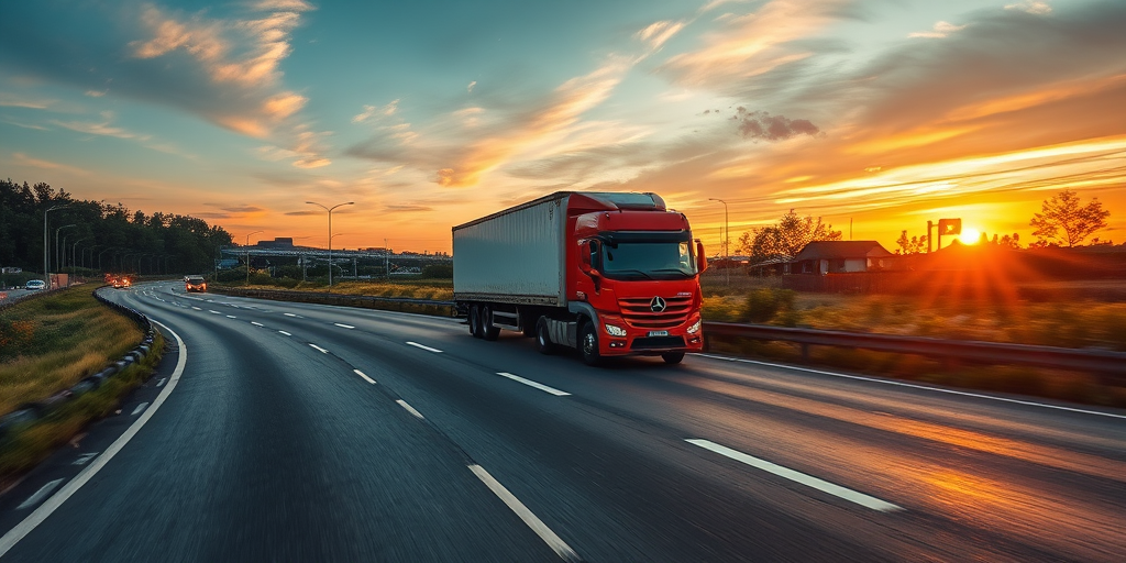 A cargo truck driving on a highway at sunset, dynamic angle, HDR imaging, f/8, ISO 100, shutter speed 1/200s, wide-angle lens, DSLR camera.