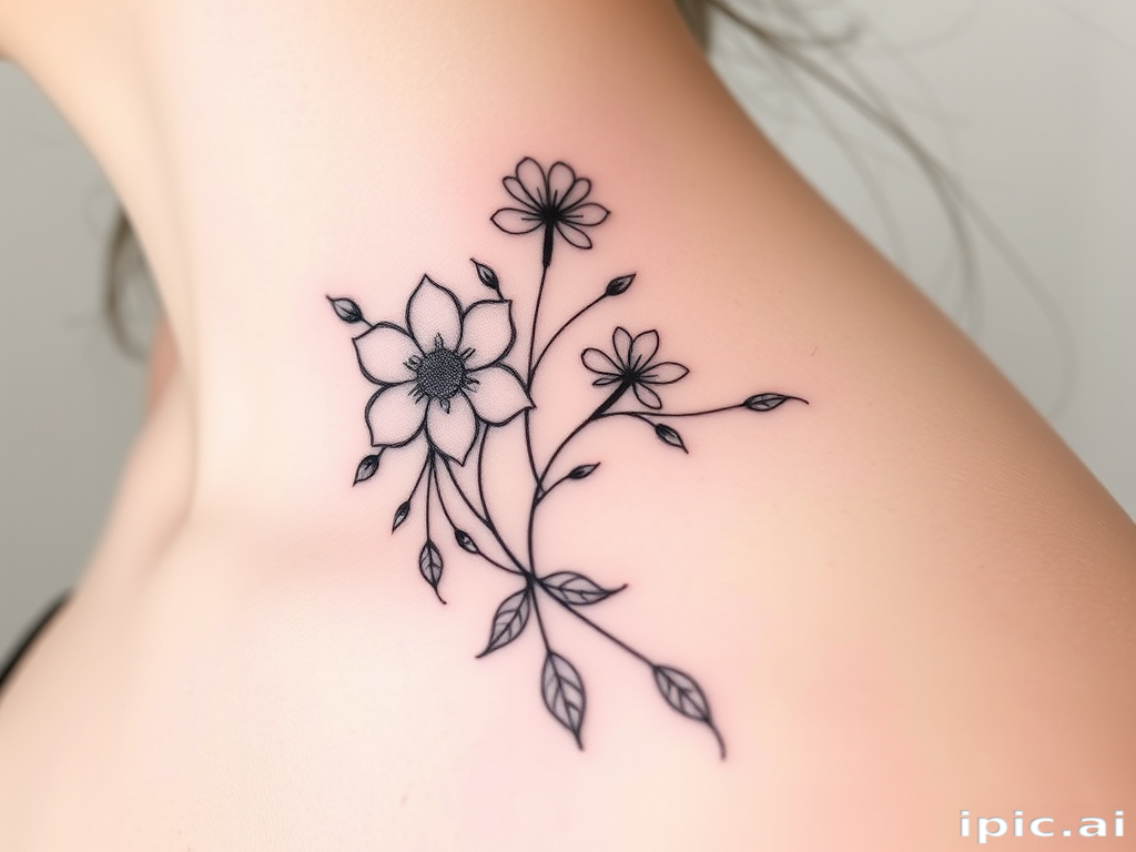 Minimalist fine line tattoo titled "Whispered Secrets" using thin black lines to create a delicate and elegant design of intertwining flowers and leaves with subtle shading for depth and dimension
