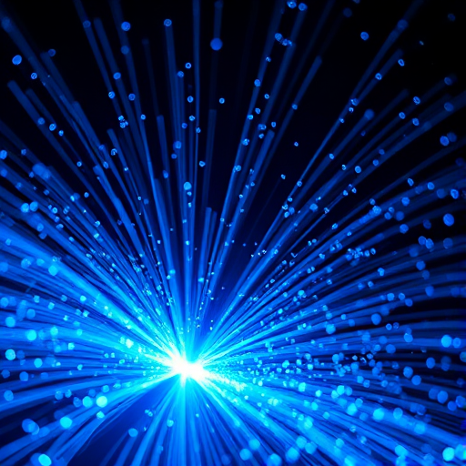 Generate an image of a dynamic burst of blue light particles radiating outward from a central point, using a Canon EOS R5 camera with a 24mm f/1.4 lens, ISO 100, shutter speed 1/200s, wide-angle view, and high contrast for enhanced depth and detail.