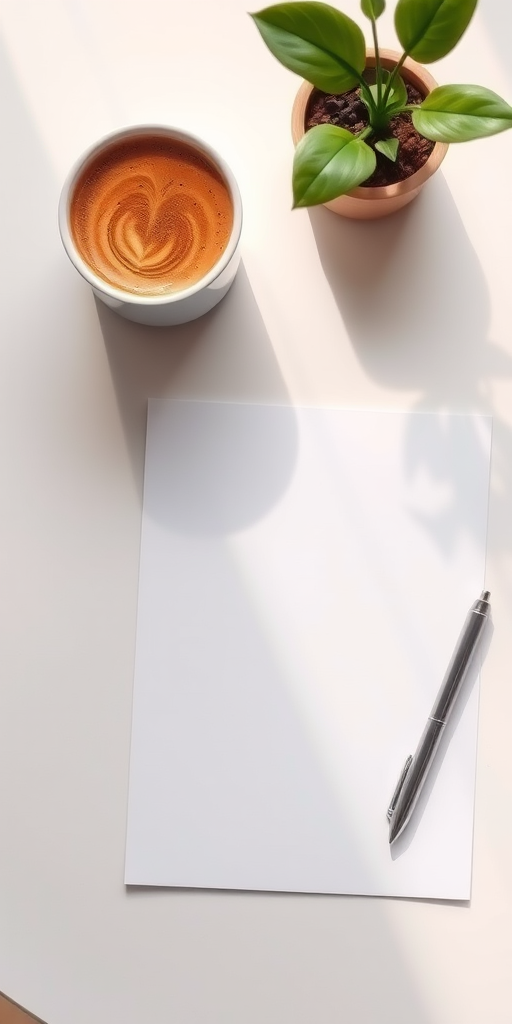A clean table with a blank sheet of paper, a silver pen, a cup of coffee with latte art, and a potted green plant in soft natural light, shot with a DSLR camera at f/2.8, ISO 100, 50mm lens, top-down view, enhanced color saturation and clarity.