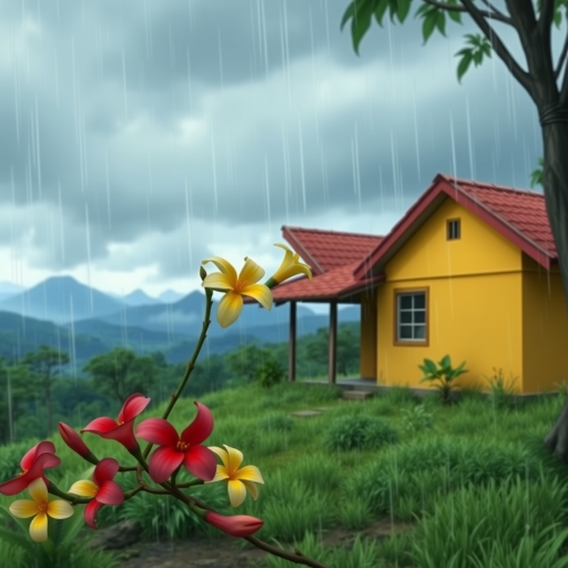 A rural, small bungalow with yellow walls and a red-tiled roof. The bungalow is nestled in the lush landscape of Colombia, Costa Rica. In the foreground, a branch of tropical flowers from a flowering tree. In the background, distant hazy mountains. There is a stormy sky and heavy rain. An animated still-shot from Studio Ghibli, Hayao Miyazaki.