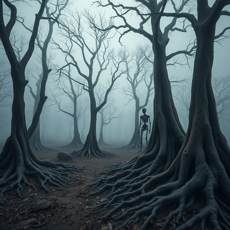 Create a surreal landscape featuring towering skeletal figures resembling trees with gnarled roots amidst a foggy setting, using a Canon EOS R5 with a 35mm f/1.4 lens, ISO 200, aperture f/8, and a low-angle perspective to enhance depth and atmosphere.