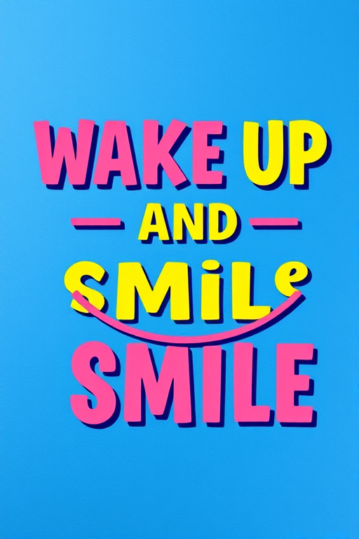 Create a vibrant graphic design with the text "WAKE UP AND SMILE" in bold, playful font, incorporating a stylized mouth illustration, in a bright color palette against a textured blue background, captured with a DSLR camera at f/2.8, ISO 100, 50mm lens, and shot from a slightly elevated angle for depth and emphasis.