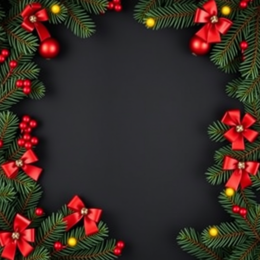 Create a festive Christmas border image featuring lush green pine branches adorned with red ornaments and bows on a blank black background, captured with a Canon EOS R5 camera, 50mm lens, f/1.8 aperture, ISO 100, using a close-up view for rich detail and vibrant colors.