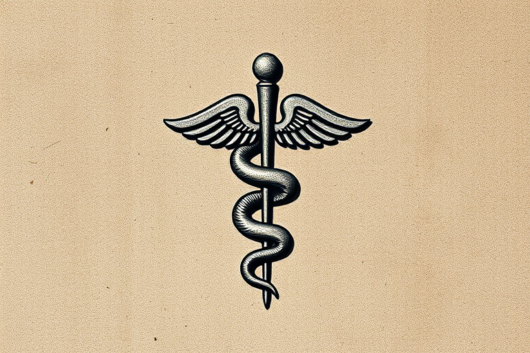 Regenerate the image of a stylized caduceus with a snake coiled around a staff, using a DSLR camera at f/4 aperture, ISO 100, 50mm lens, shot from a top-down view in natural light for enhanced clarity and contrast.