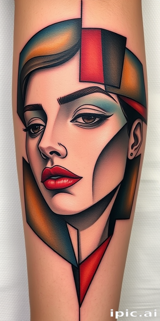 Cubist-inspired tattoo titled "Fragmented Reality" reimagining a human face broken into geometric planes and abstract forms, utilizing a limited color palette to enhance the visual impact, perfect for upper arm, thigh, or back placement