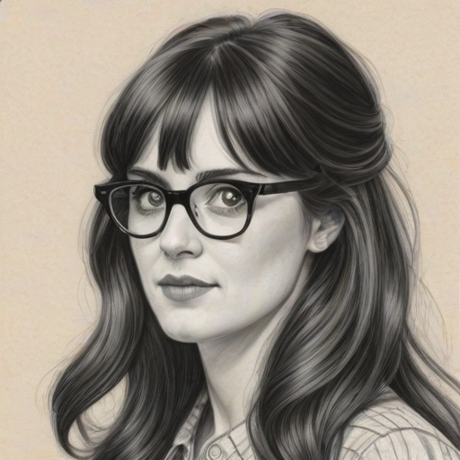 Bewitching Zooey Deschanel, pencil sketch, portrait of Fetching woman 1972s in glasses, hair style beatnik, outline, clear lines, fine lines, 8k