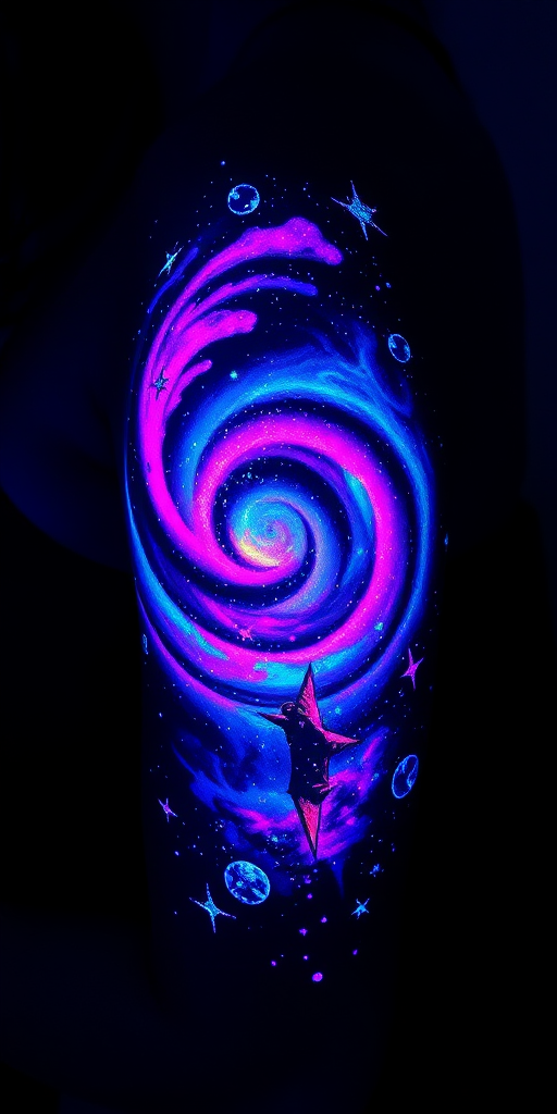 Vibrant UV ink tattoo of a cosmic galaxy scene, invisible in normal light but revealing swirling nebulae and twinkling stars under blacklight, creating a magical, otherworldly effect