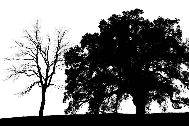 Capture a high-contrast silhouette of a large tree and a smaller tree with bare branches against a white background, using a DSLR camera, f/8 aperture, ISO 200, 50mm lens, and a low angle view to emphasize the shapes of the trees.