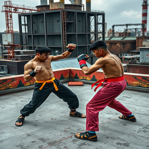 Capture a dynamic scene of two martial artists engaging in combat on a rooftop with industrial structures in the background, using a Canon EOS R5 at 50mm, aperture f/2.8, ISO 100, and shutter speed 1/2000s for sharp details and vibrant colors.